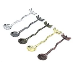 5PCS Coffee SpoonTeaspoon Zinc Alloy Dragonfly Designed Coffee Spoons Vintage Dessert Spoons Royal Style Metal Stirring Spoons, 5 Colors