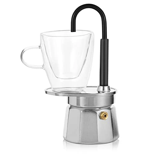 -Mini Express Swiss Single Tube Moka Pot Aluminum Sliver,Moka Set Includes One Double Wall 3oz Cup,Enjoy Delicious Coffee In No Time