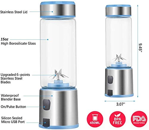 Portable Blender Glass, USB Rechargeable 5200mAh Personal Blender 15 Oz, With 2 Bottle Caps, Smoothie And Fruit Juice (with Travel) - Image 2
