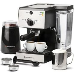 Machine & Cappuccino Maker With Milk Steamer- 7 Pc All-In-One Barista Bundle Set W/ Built-In Milk Frother (Inc: Coffee Bean Grinder, Milk Frothing Cup, Spoon/Tamper & 2 Cups), Silver