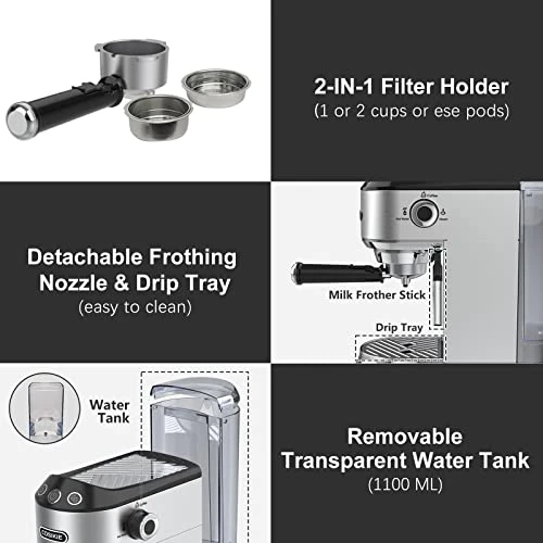 Espresso Coffee Maker, Espresso Machine With Milk Frother Steam Wand, 15 Bar Fast Heating Espresso Machines For Home, Stainless Steel Compact Latte Cappuccino Machine, Gifts For Mom And Dad - Image 6