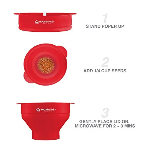 Collapsible Silicone Microwave Hot Air Popcorn Popper Bowl With Lid And Handles - Red - Image 4