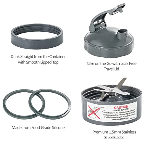 2 Blender Cups 32oz & Blade Replacement Set For NutriBullet 600w & 900w Blenders (plus 1 Flip-Top To-Go Lid / 1 Lid Ring/Extractor Blade / 2 Rubber Gaskets) - Image 4