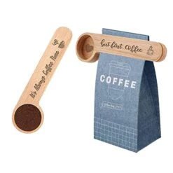 2 Pieces Wooden Coffee Scoop And Bag Clip- Coffee Time/ First Coffee - 1 Tablespoon Solid Beech Wood Measuring Scoop- Suitable For Coffee Beans And Loose Tea, Coffee Lovers Gifts. Friend Gift.