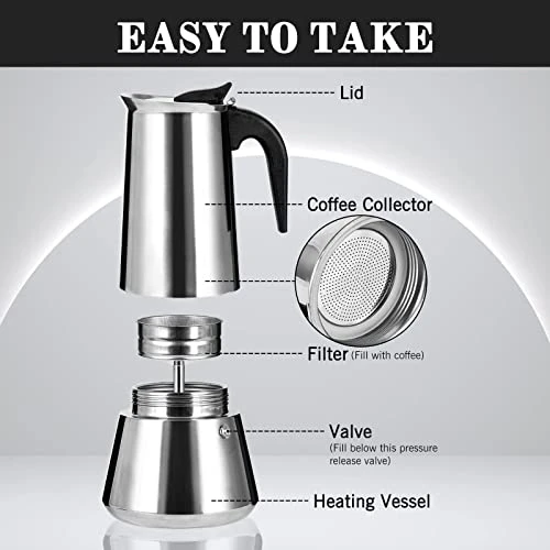 Stainless Steel Stovetop Moka Pot Espresso Maker Percolator 12 Cup 600ml Portable Italian Greca Cuban Coffee Maker For Big Family Home Office Camping, Work With Gas Electric Ceramic Stovetop - Image 4