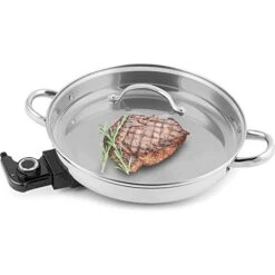 11.8" Large Capacity Electric Skillet - For Fry Bake Steam Simmer (Silver)