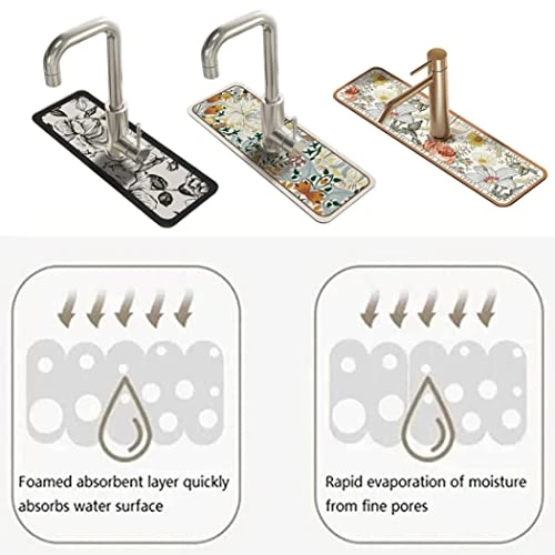 Wedhapy Silicone Faucet Handle Drip Catcher Tray Mat,Absorbent Kitchen Sink Mat Non-Slip Faucet Mat Kitchen Sink Splash Catcher Guard Faucet Wrap Around Drying Pads 15x5.1 Inch Style 3 - Image 3