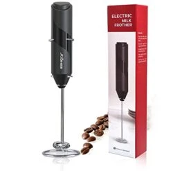 Milk Frother Handheld Battery Operated Electric Foam Maker, Drink Mixer With Stainless Steel Whisk And Stand For Cappuccino, Bulletproof Coffee, Latte,Frappe, Matcha (Black)