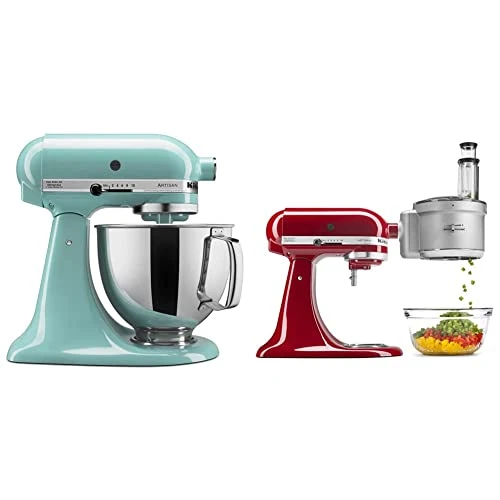 KitchenAid KSM150PSAQ Artisan Series 5-Qt. Stand Mixer With Pouring Shield - Aqua Sky & KSM2FPA Food Processor Attachment, Dicing Kit, Silver