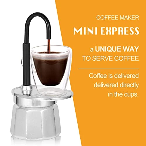 -Mini Express Swiss Single Tube Moka Pot Aluminum Sliver,Moka Set Includes One Double Wall 3oz Cup,Enjoy Delicious Coffee In No Time - Image 3