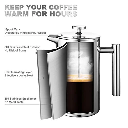 French Press Coffee Maker, 34 Oz, 304 Grade Stainless Steel Double-wall Insulated, With 2 Espresso Cups, 4 Level Filtration System,Rust-Free, Dishwasher Safe, Silver - Image 2