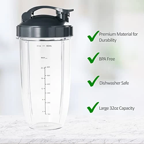 2 Blender Cups 32oz & Blade Replacement Set For NutriBullet 600w & 900w Blenders (plus 1 Flip-Top To-Go Lid / 1 Lid Ring/Extractor Blade / 2 Rubber Gaskets) - Image 6
