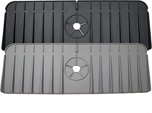 2 Pcs Silicone Faucet Handle Drip Catcher Mat For Kitchen Sink, Bathroom Sink, Farmhouse And RV (Grey/Black), Kitchen Sink Splash Guard Faucet Mat