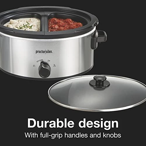 Double Dish Slow Cooker With 6qt Crock And Dual 2.5qt Nonstick Insert To Cook Two Meals At Once, Dishwasher Safe Pot & Lid, Silver (33563) - Image 4