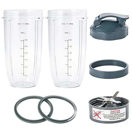 2 Blender Cups 32oz & Blade Replacement Set For NutriBullet 600w & 900w Blenders (plus 1 Flip-Top To-Go Lid / 1 Lid Ring/Extractor Blade / 2 Rubber Gaskets) - Image 2