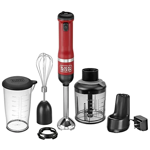Black & Decker Kitchen Wand Cordless Immersion Blender, 3 In 1 Multi Tool Set, Hand Blender With Charging Dock, Whisk, And Chopper, Red (BCKM1013K06)