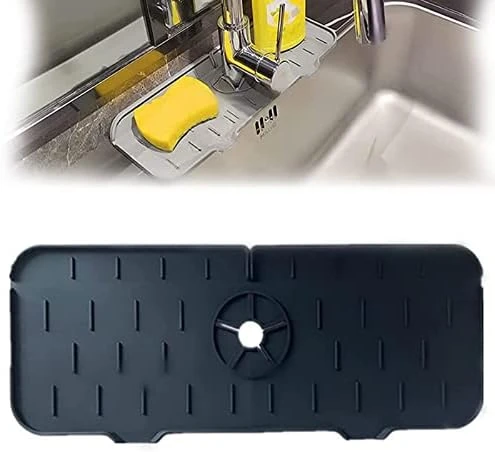 KWSPLK Silicone Sink Faucet Mat, Silicone Faucet Handle Drip Catcher Tray, Sink Draining Pad Behind Faucet, Drip Protector Splash Countertop Protection Rubber Drying Pad (Gray) - Image 8