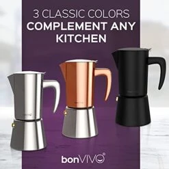 BonVIVO Intenca Stovetop Espresso Maker - Luxurious, Stainless Steel Italian Coffee Maker For Camping Or Home Use - Makes 2 Cups Of Full-Bodied Coffee - Chrome, 6.8 Oz