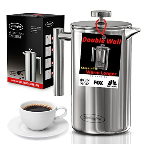 French Press Coffee Maker(1.75L)-Double Walled Large Coffee Press With 2 Free Filters-Enjoy Granule-Free Coffee Guaranteed, Stylish Rust Free Kitchen Accessory-Stainless Steel French Press