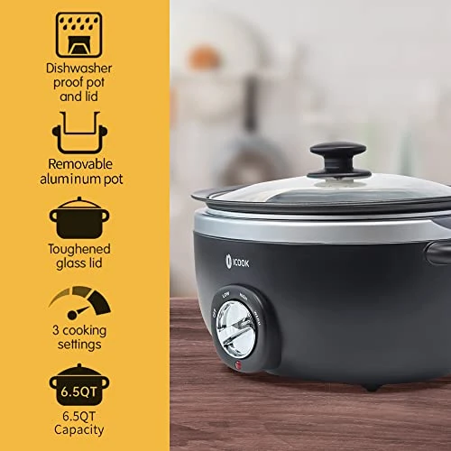 USC-65-OP001BK 6.5 Quart Slow Cooker,Aluminium Sear/Sauté Stew Pot Stovetop Safe,Dishwasher Safe,Glass Lid,Adjustable Temp,Food Warmer,Black