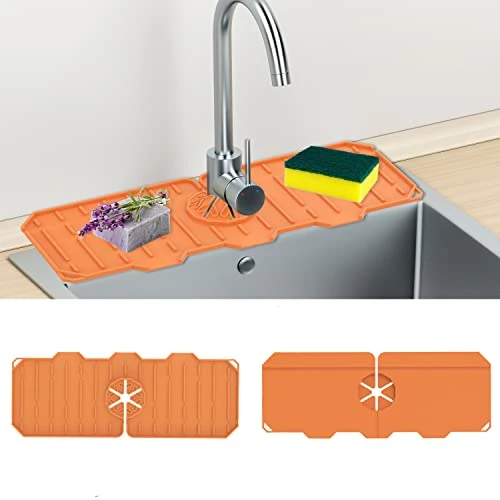 Upgraded Silicone Faucet Mat, Kitchen Faucet Sink Splash Guard, Bathroom Faucet Water Catcher Mat, Faucet Handle Drip Catcher Mat, Sponge Holder (Upgraded Grey) - Image 8