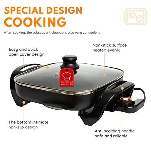 Onstick Electric Skillet 12 Inch Electric Fryer With 2 Layers Of Non-Stick Coating, Adjustable Temperature Control, Heat-Resistant Handle. - Image 2