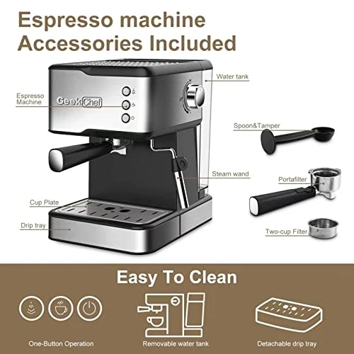 Espresso Coffee Machine, 20 Bar Pressure Espresso And Cappuccino Latte Maker With Milk Frother Steam Wand, 1.5L Water Tank, For Home Barista, 950W, Stainless Steel - Image 5