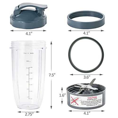 2 Blender Cups 32oz & Blade Replacement Set For NutriBullet 600w & 900w Blenders (plus 1 Flip-Top To-Go Lid / 1 Lid Ring/Extractor Blade / 2 Rubber Gaskets) - Image 5