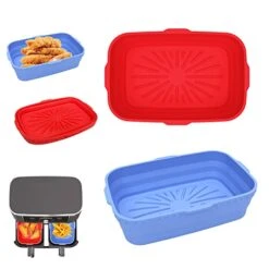 2-Pack Silicone Air Fryer Liners 8 Inch Reusable Silicone Air Fryer Basket For 4 To 7 QT Air Fryer Inserts For Oven Microwave Accessories (Red+Blue)（recTangle）