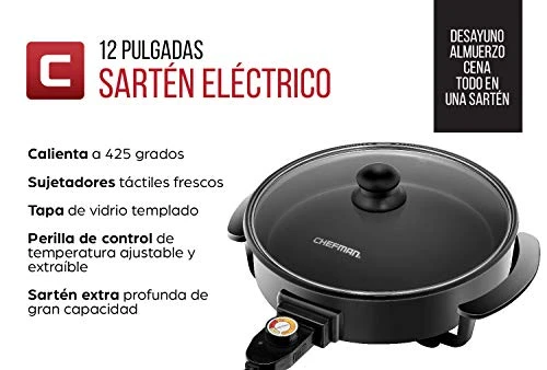 RJ05-12-RO 1400 Watt Electric Skillet 12 Inch Round Frying Pan With Non Stick Coating And Tempered Glass Lid, Black - Image 3