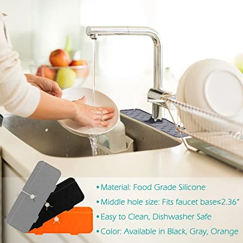 LYOWL Silicone Sink Faucet Mat, Sink Splash Guard Drip Catcher For Sink Faucet, Water Draining Pads Behind Faucet For Kitchen, Bathroom And RV, (Black)…