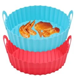 2-Pack Silicone Air Fryer Liners Pot, Air Fryers Liner Reusable Baking Tray Basket Oven Accessories, Replacement For Flammable Parchment Liner Paper, No More Harsh Cleaning Basket 8.5 Inch,Blue＆Red