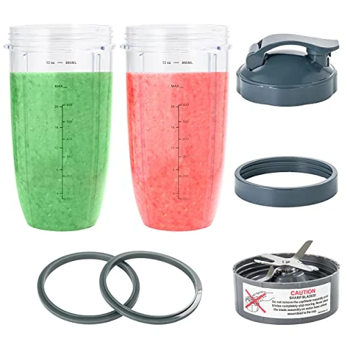 2 Blender Cups 32oz & Blade Replacement Set For NutriBullet 600w & 900w Blenders (plus 1 Flip-Top To-Go Lid / 1 Lid Ring/Extractor Blade / 2 Rubber Gaskets)
