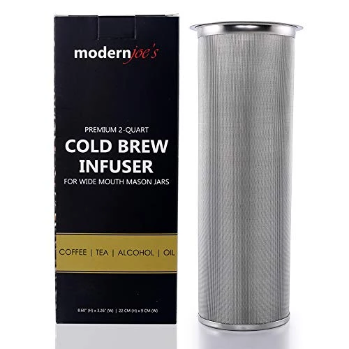 Premium Infuser Cold Coffee Maker For 2QT Wide Mouth Mason Jars By Modern Joe's. Perfect For Ice Coffee And Tea. Heavy Duty Gauge 100 Micron Mesh 304 Stainless Steel