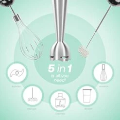 5-in-1 Immersion Blender - 9 Speed Ultra Powerful Stainless Steel Hand Mixer For Kitchen - Electric Handheld Stick Frother - Chop/Grind/Whisk/Froth/Blend - Turbo Mode - Food Grinder + Container