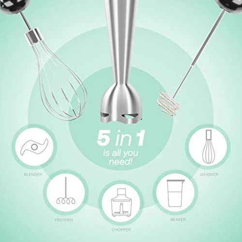 5-in-1 Immersion Blender - 9 Speed Ultra Powerful Stainless Steel Hand Mixer For Kitchen - Electric Handheld Stick Frother - Chop/Grind/Whisk/Froth/Blend - Turbo Mode - Food Grinder + Container
