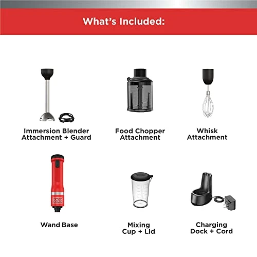 Black & Decker Kitchen Wand Cordless Immersion Blender, 3 In 1 Multi Tool Set, Hand Blender With Charging Dock, Whisk, And Chopper, Red (BCKM1013K06) - Image 2