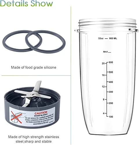 New Blender Cup And Blade Replacement Parts 32oz Cup And Extractor Blade And 2 Rubber Gaskets 4-Piece Compatible With NutriBullet High-Speed Blender/Mixer System 600W/900W Series - Image 2