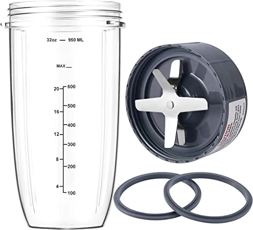 New Blender Cup And Blade Replacement Parts 32oz Cup And Extractor Blade And 2 Rubber Gaskets 4-Piece Compatible With NutriBullet High-Speed Blender/Mixer System 600W/900W Series