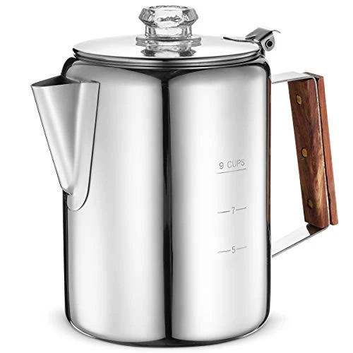 Percolator Coffee Maker Pot - 9 Cups | Durable Stainless Steel Material | Brew Coffee On Fire, Grill Or Stovetop | No Electricity, No Bad Plastic Taste | Ideal For Home, Camping & Travel