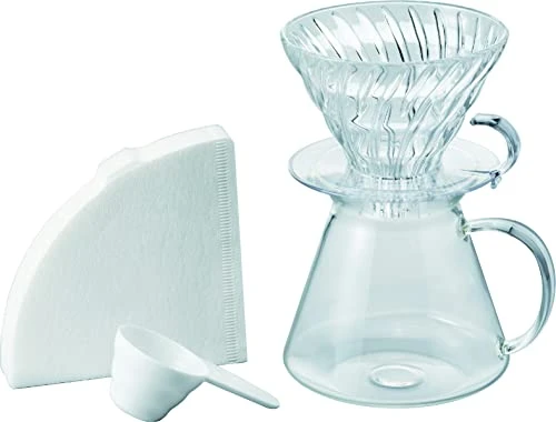 Hario "Simply Glass V60 Pour Over Set With Glass Server, Scoop And Filters, Size 02, Clear