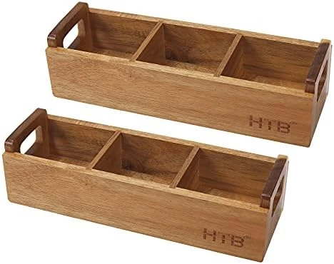 Small Wooden Tea Bag Box, 3 Compartments Acacia Wood Tea Bag Chest With Handle, Mini Countertop Divided Storage Container For Beverage Supplies, Sugar, Sweeteners, Individual Packets - Image 6