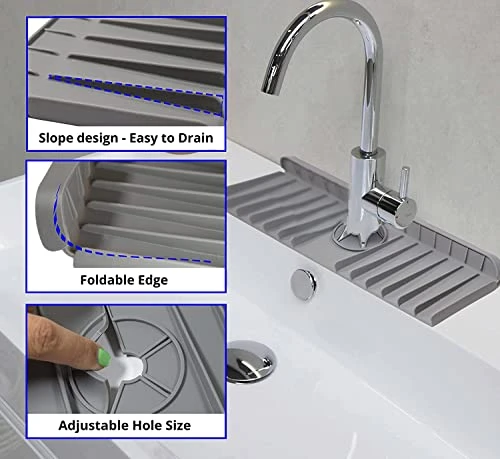 2 Pcs Silicone Faucet Handle Drip Catcher Mat For Kitchen Sink, Bathroom Sink, Farmhouse And RV (Grey/Black), Kitchen Sink Splash Guard Faucet Mat - Image 2