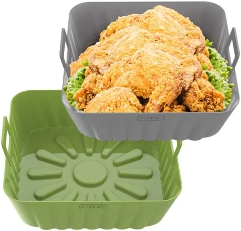 OUTXE 2-Pack 9inch Square Silicone Air Fryer Liners For 6QT To 9QT Reusable Large Air Fryer Insert Silicone Air Fryer Cover Easy Cleaning For Oven Accessories (Green+Grey) - Image 6