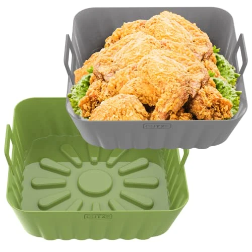 OUTXE 2-Pack 9inch Square Silicone Air Fryer Liners For 6QT To 9QT Reusable Large Air Fryer Insert Silicone Air Fryer Cover Easy Cleaning For Oven Accessories (Green+Grey)