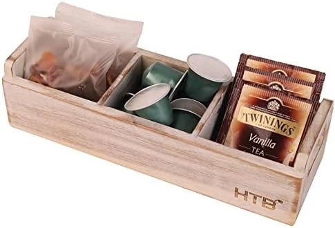 Small Wooden Tea Bag Box, 3 Compartments Acacia Wood Tea Bag Chest With Handle, Mini Countertop Divided Storage Container For Beverage Supplies, Sugar, Sweeteners, Individual Packets - Image 7
