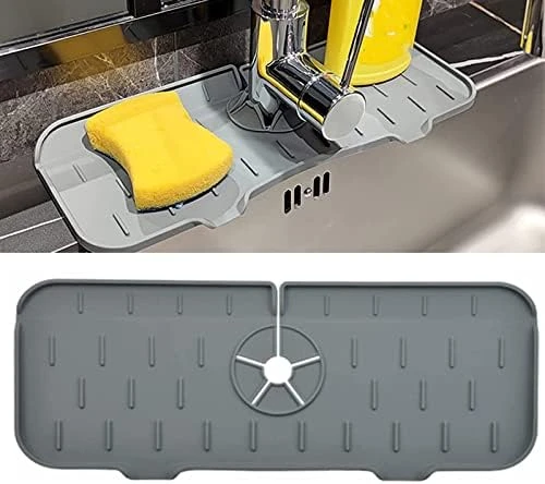 KWSPLK Silicone Sink Faucet Mat, Silicone Faucet Handle Drip Catcher Tray, Sink Draining Pad Behind Faucet, Drip Protector Splash Countertop Protection Rubber Drying Pad (Gray) - Image 9