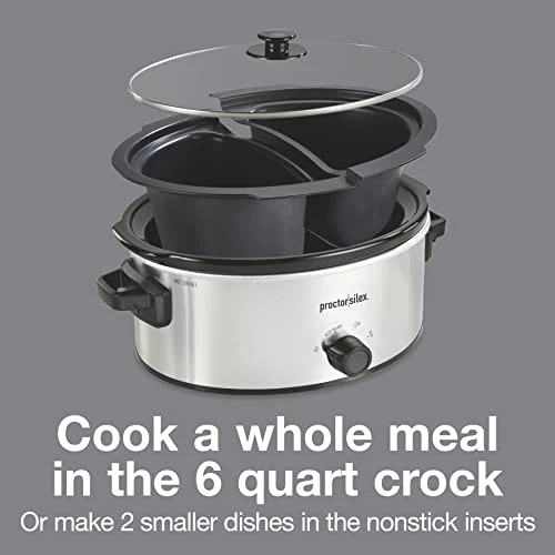 Double Dish Slow Cooker With 6qt Crock And Dual 2.5qt Nonstick Insert To Cook Two Meals At Once, Dishwasher Safe Pot & Lid, Silver (33563) - Image 2