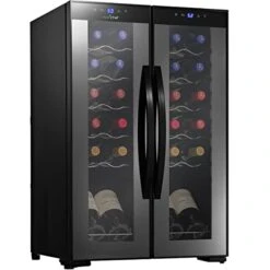 PKCWC240 Dual Zone Cooler For White And Red Wines Chiller, Freestanding Compact Countertop Mini Fridge 24 Bottle W/Digital Control, Black