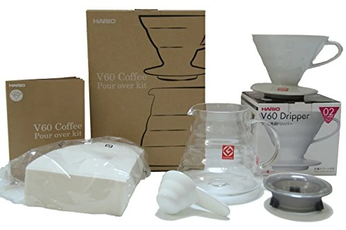V60 Coffee Pour Over Kit Bundle Set - Comes With Ceramic Dripper, Range Server Glass Pot, Measuring Spoon, And 100 Count Package Of Hario 02W Coffee Filters